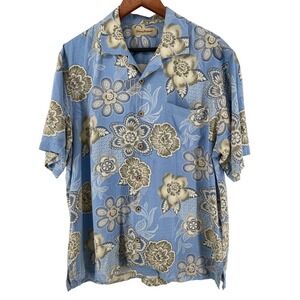 Tommy Bahama Hawaiian Silk Shirt Men's Large Blue Floral Camp Button Up Tropical